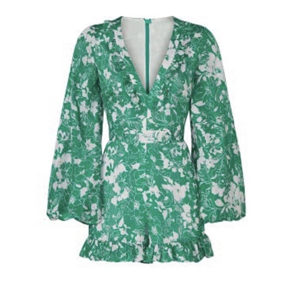Alexis Green & White‎ Floral Long-Sleeve Ruffle Romper SZ L